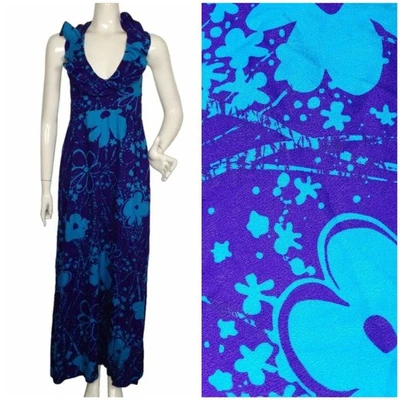 Maxi Vestido NANEA of HAWAII, XS, Púrpura/Azul, Top Halter, Escote Volantes Vintage Foto 1 de 4