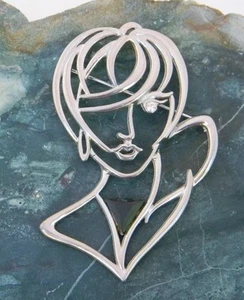 Vintage JJ Signed Modernist Lady Brooch Silvertone & Black Onyx Inlay 1988 woman - Picture 1 of 3
