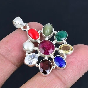 Navratana Edelsteine massiv 925 Sterling Silber Astrologie spirituell Unisex Anhänger - Bild 1 von 5