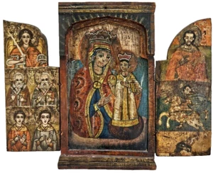 Antike Griechische / Bulgarische Ikone / Triptychon - 18. Jhdt. Jesus + Maria - Bild 1 von 15