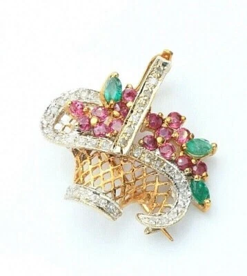 花卉篮子小饰品胸针钻石红宝石翡翠 14K 金色增强上衣 — 第 1/4 张图片