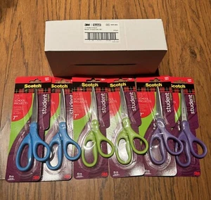 3M Scotch 7" Student Scissors 1407S-MIX Blue Green Purple Steel School Box Of 8 - Picture 1 of 3