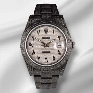 Rolex Men's Datejust 41mm Black Iced Out 11ct Diamonds Arabic Dial Watch 116300 - Picture 1 of 12