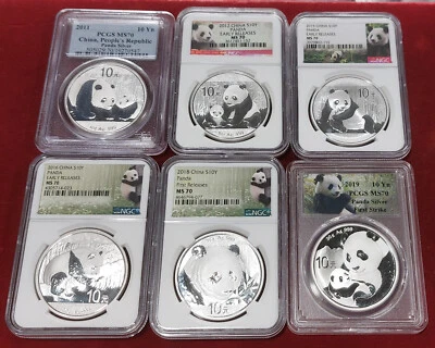 2011 2012 2015 2016 2018 2019 China PERFECT Silver Panda Lot of 6 PCGS NGC MS70 - Image 1 of 2
