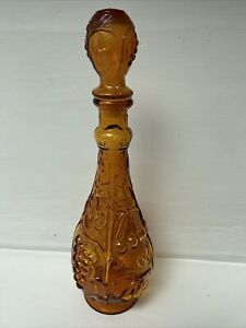 Vintage Amber Glass Genie Bottle Mid Century Modern Fruit Pattern