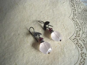 Vintage Earrings Faceted Rose Quartz & Garnet gemstone STERLING silver - Picture 1 of 5