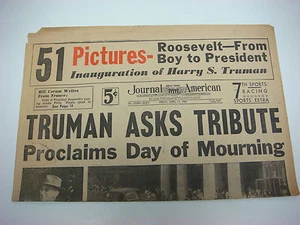 Diario American Newspaper Headline, Segunda Guerra Mundial, 13 de abril de 1945, Luto por Roosevelt - Imagen 1 de 1