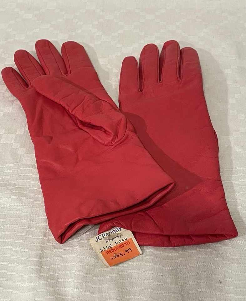 Vintage JC Penny Hot Pink Leather Gloves w/ Cashmere Lining W Sz M New Old Stock - Image 1 of 4