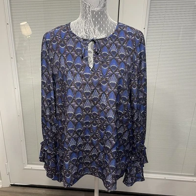 Kobe Halperin Silk Blouse Tunic Top Ruffle Bell Sleeve Blue Purple PERFECT - Image 1 of 4