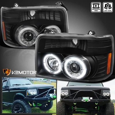 Black Fits 1992-1996 Ford Bronco F150 F250 F350 LED Halo Projector Headlights Foto 1 de 4