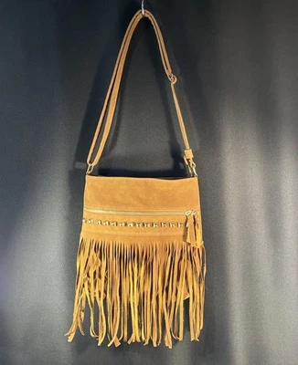 BONITO Bolso Bandolera o Cartera de Gamuza con Flecos Marrón Camel 11x10x3 Acento Dorado/Mujer Foto 1 de 4