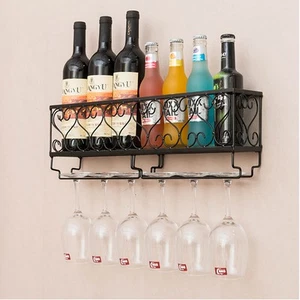 Metal Wall Mounted Wine Rack With Mesh Basket & Stemware Hanging Easy Install  - Picture 1 of 18