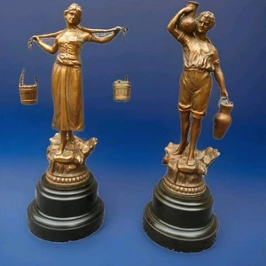PAIR ANTIQUE FRENCH SPELTER FIGURINES GILT METAL BAKELITE BASE CIRCA 1910-20s - Picture 1 of 22