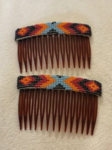 Set of 2 Vintage Navajo Multicolor Handmade Beaded Hair Combs Barrettes Nr - Picture 1 of 10