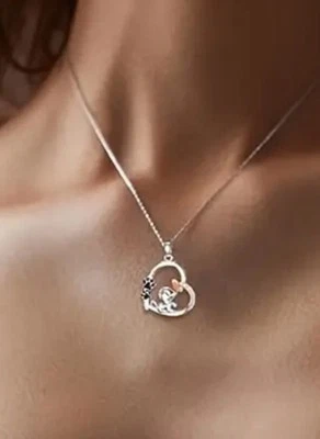 Little Dog Puppy Heart Shape Inlaid Crystal Butterfly Pendant Necklace  - Image 1 of 4