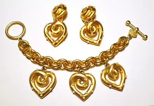 Statement FABRIKANT Vintage ARMBAND & OHRRINGE SET Herzen GP Kunstperlen - Bild 1 von 3