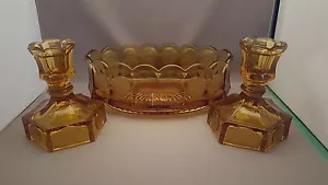 3 Pc Fostoria Glass Coin Amber Console Set 2 Candlesticks & Oval Bowl Circa 50's - Picture 1 of 6