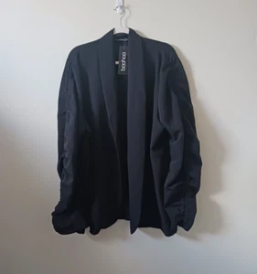 Boohoo Womens Black Blazer Jacket Size 22 Ruched Sleeve Open Front Collared NWT - Picture 1 of 6