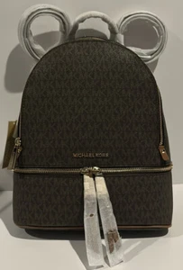 ๐ผ๐ฆ Michael Kors ๐ผ๐ฆ Rhea Zip Brown Leather Monogram Backpack Bag Gold ๐ผ GB44 - Picture 1 of 6