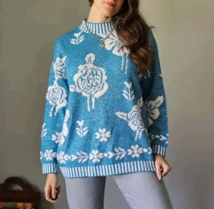 Vintage 1980s Metallic Blue Floral Statement Sweater - Picture 1 of 8