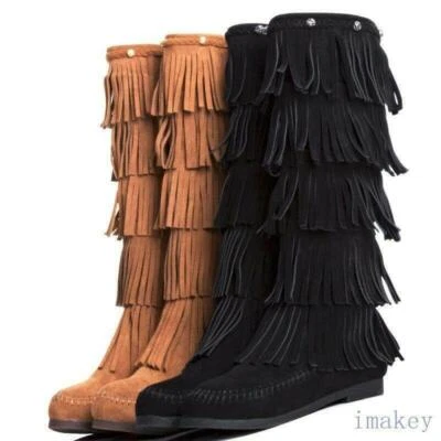 Women Round Toe Suede Tassels Ethnic Knee High Boots Outdoor Flats Casual Shoes - Image 1 of 4