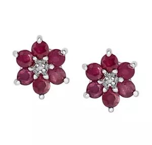 1.50 CT Round Cut Lab Created Ruby Flower Stud Earrings 14K White Gold Plated - Picture 1 of 4