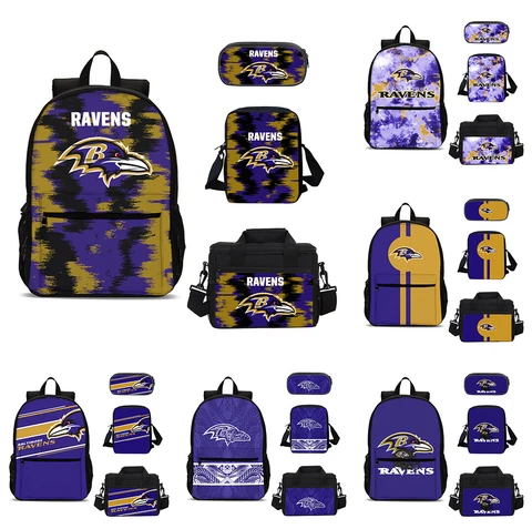 Baltimore Ravens School Backpack 4PCS Shoulder Bag Lunch Bag Pencil Case Gifts Cover