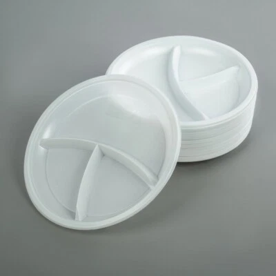 100 x 3 Section Reusable Plastic Compartment Plates White Catering Weddings 26cm - Image 1 of 4