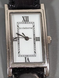 Liz Claiborne White Dial Silver Tone Rectangle Case Black Band Watch - Picture 1 of 8