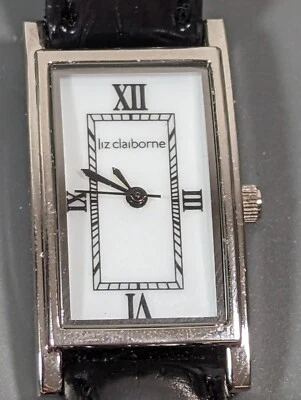 Часы Liz Claiborne белый циферблат серебристый прямоугольный корпус черный ремешок - Изображение 1 из 4