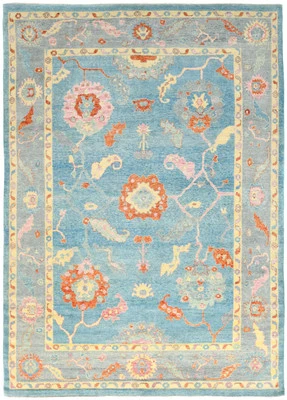 Handmade Muted Blue Floral Transitional Oriental Rug Extra Large Carpet 10X14 ft - Image 1 of 4