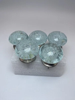 Aqua Blue Glass Dresser Cabinet Knobs Drawer Pulls Set of (5) Controlled Bubbles - Image 1 of 4