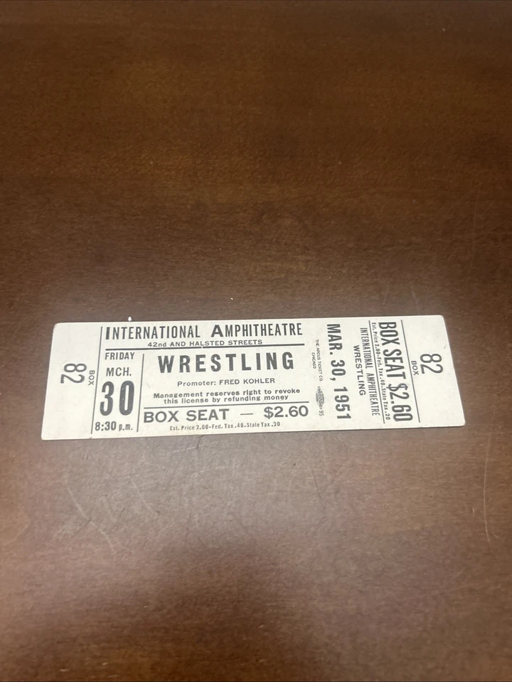 Boleto completo de lucha libre NWA partido por el título Chicago 30 de marzo 1951 LOU TESZ enanos Foto 1 de 4