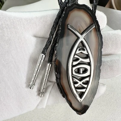 Tremenda corbata griega Ichthys Jesús sobre piedra ágata losa Western Bolo ¡Impresionante!�� Foto 1 de 4