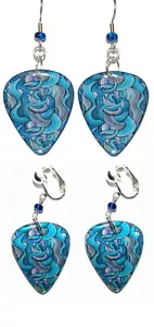 Beautiful Blue Swirl Guitar Pick Pierced or Clip on Dangle Earrings (GP026) - Picture 1 of 3
