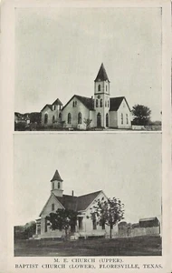 Postal TX Floresville Iglesia Metodista Episcopal e Iglesia Bautista Años 20 Wilson Cty - Imagen 1 de 2