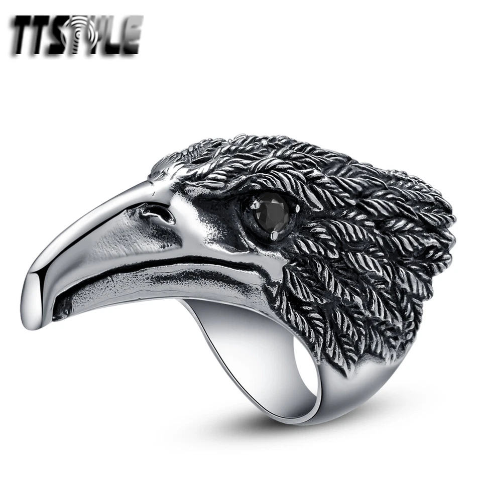 Anillo de águila de acero inoxidable 316L estilo TT de alta calidad con circonita cúbica negra brillante Foto 1 de 1