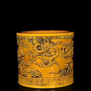 Beautiful Chinese Hand Painting Yellow Glazed Porcelain Dragon Brush Pot - Picture 1 of 9