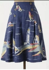 41. ODILLE ANTHROPOLOGIE Sailboats Nautical A-Line Full Cotton Skirt 8 M EUC - Picture 1 of 9