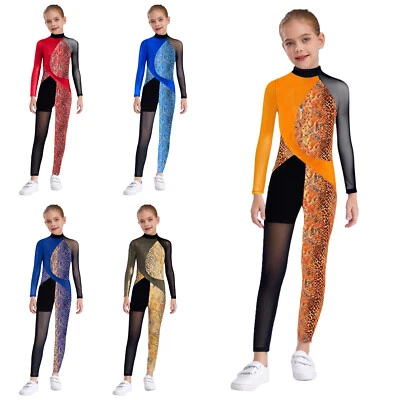 UK UK Girls Gymnastic Dance Jumpsuit Snakeskin Mesh Patchwork Bodysuit Leotards - Image 1 of 4