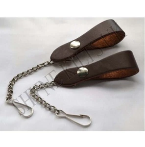 SPORRAN SUSPENDERS BROWN LEATHER SHORT CHAINED & CLIPS PAIR SLIP ONTO KILT BELT - Picture 1 of 1