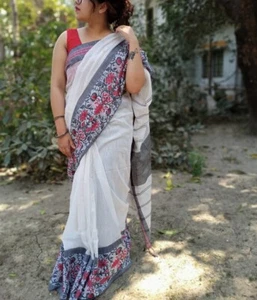 Narayanpet Pure Khadi Cotton Saree Floral Work Handloom Sari With Blouse Piece - Picture 1 of 1
