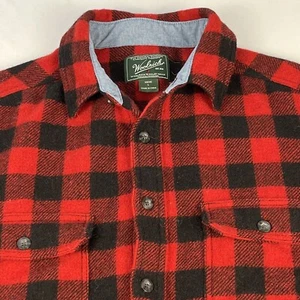 Woolrich Wool Blend Shacket Sz L Buffalo Plaid Red Black Button Up Shirt Jacket - Picture 1 of 11