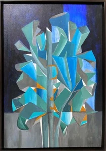Large Original Acrylic Painting Abstract Plant Cubism Art Mid Century Modern Art - Picture 1 of 16