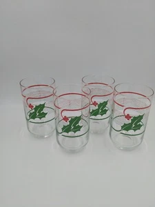 Vintage Holly Berry Weihnachtsgläser rot grün Band Streifen DoTs - Bild 1 von 7
