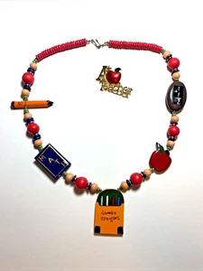 Teacher Wooden School Themed Necklace PLUS #1 Teacher Apple Cloissone Brooch Pin - Picture 1 of 4