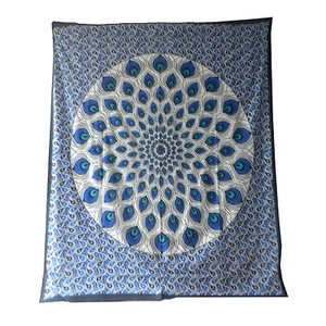 Tagesdecke Pfauenfeder blau schwarz 230x210cm Baumwolle Überwurf Wandbehang - Bild 1 von 3