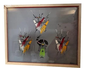 Vintage Afrikanisches Stammesleben Jagd Aquarell Gemälde Signiert Volkskunst - Bild 1 von 5