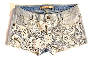 HIGHWAY JEANS Light Wash Cut-Off Stretch Denim Bootie Shorts w/Lace - Size 1 - Picture 1 of 5