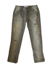 Free People Button Fly Distressed Ripped Olive Green Relaxed Fatigue Pant Size 2 - Picture 1 of 4